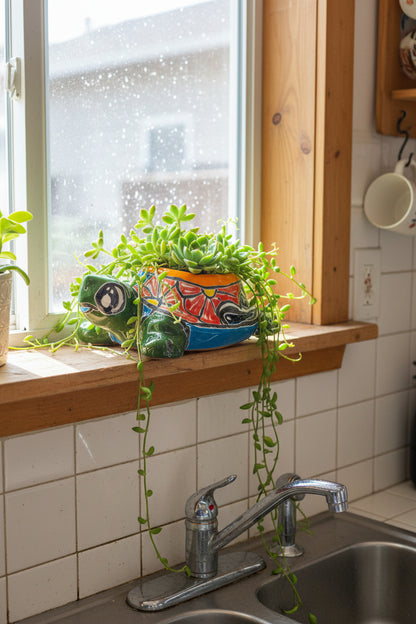 green talavera turtle planter ona windowsill above a sink