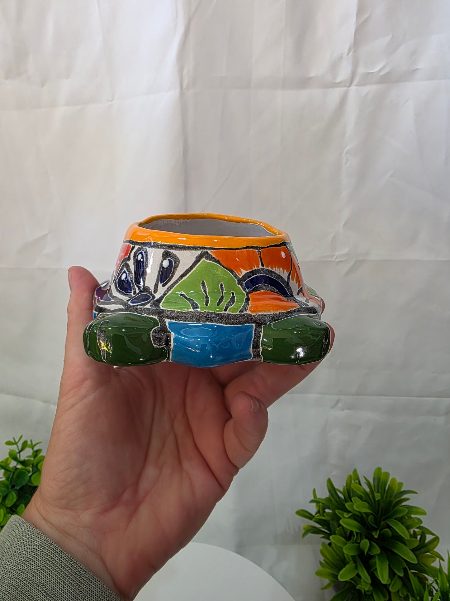 rear of the green talavera turtle planter
