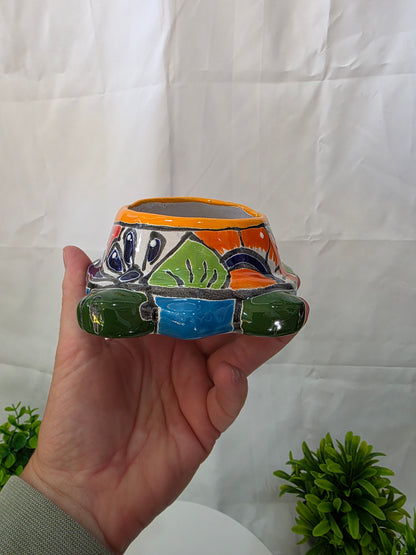 rear of the green talavera turtle planter