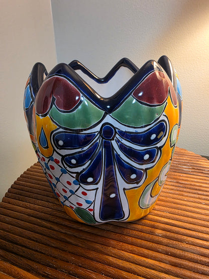 Hand-Painted Mexican Talavera Lotus Pot ($6" \times 6"$) | Scalloped Ceramic Planter & Vase