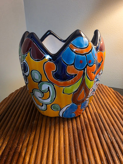 Hand-Painted Mexican Talavera Lotus Pot ($6" \times 6"$) | Scalloped Ceramic Planter & Vase