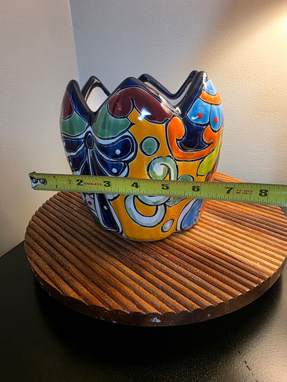 Hand-Painted Mexican Talavera Lotus Pot ($6" \times 6"$) | Scalloped Ceramic Planter & Vase