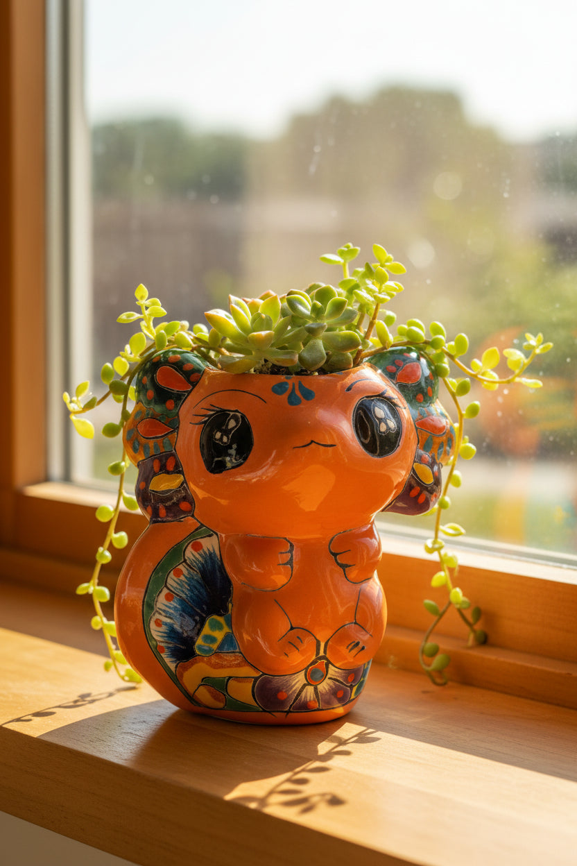 A hand holding a small, hand-painted ceramic cat figurine with a bright orange body and colorful, patterned details on its ears, back, and paws, set against a wrinkled white fabric background.