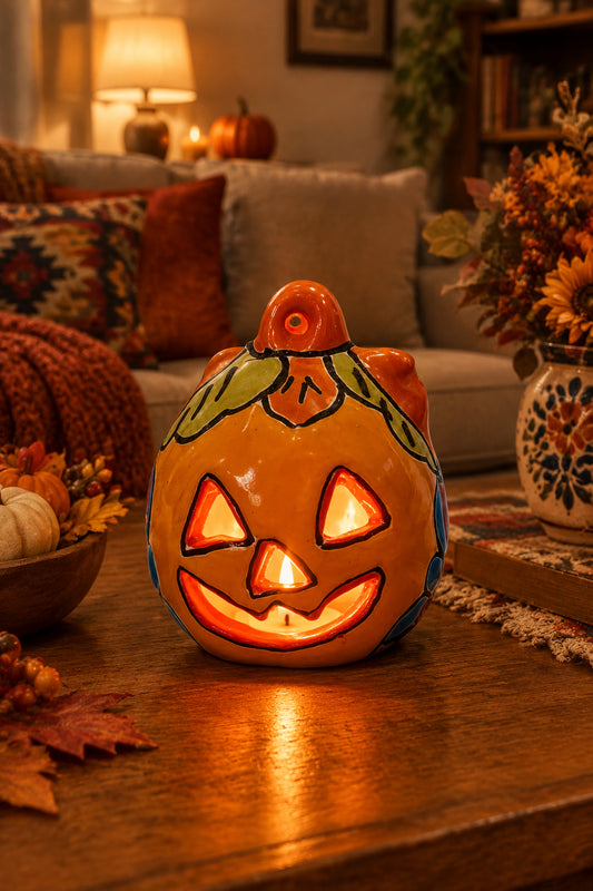 orange talavera hand painted pumpkin illuminated by a candle on a coffee table in a warm living room