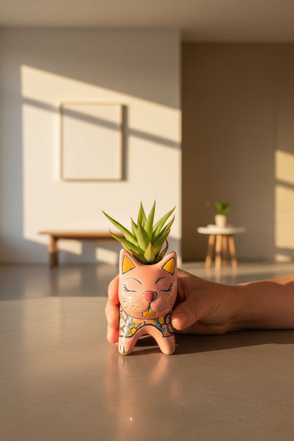 Hand holding a colorful cat-shaped ceramic object on a white surface with a plant in the background
