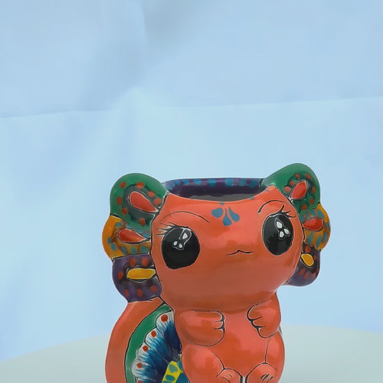 Hand-painted ceramic axolotl planter, 5 inch deep orange succulent pot with colorful gills