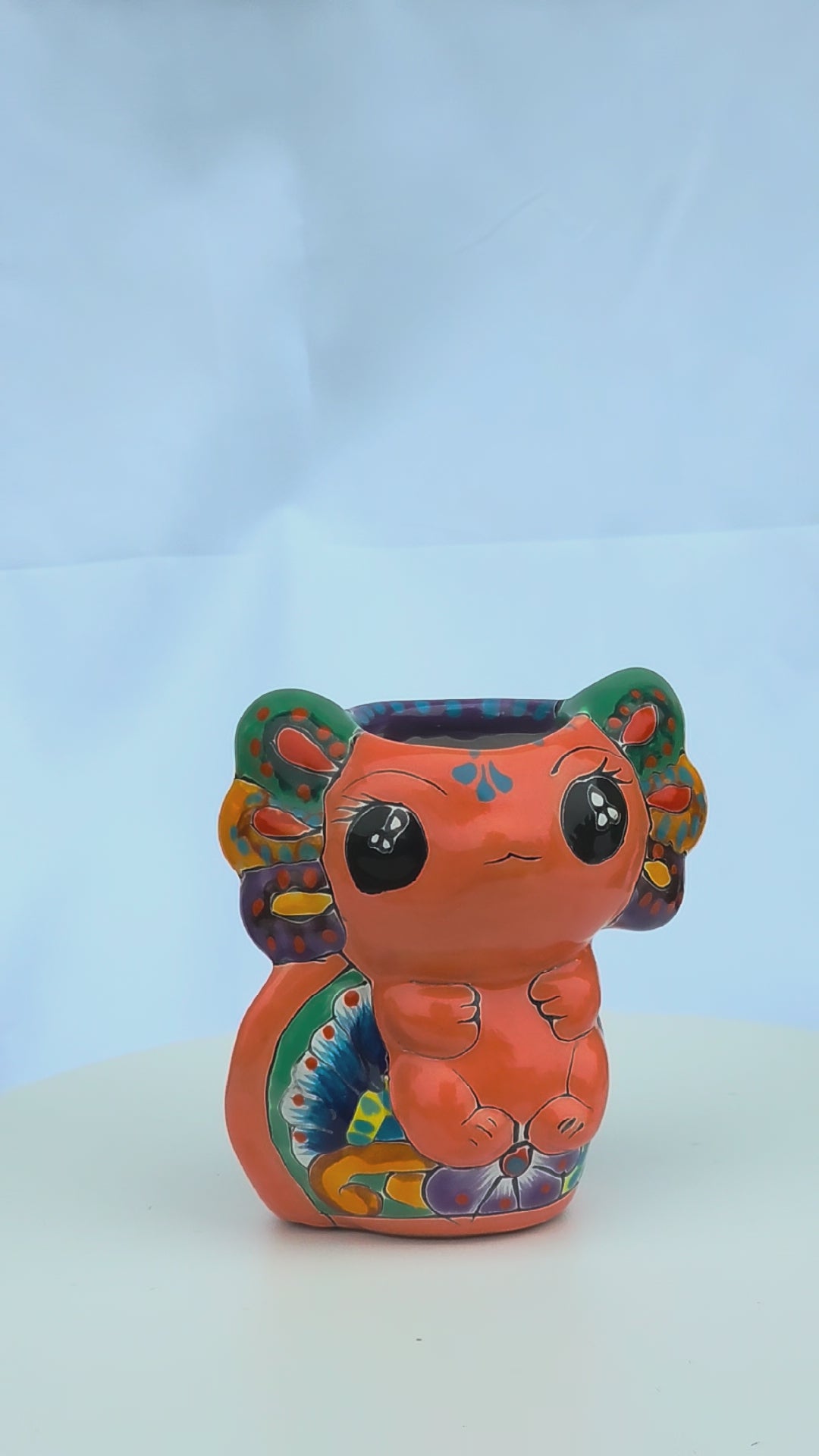 Hand-painted ceramic axolotl planter, 5 inch deep orange succulent pot with colorful gills