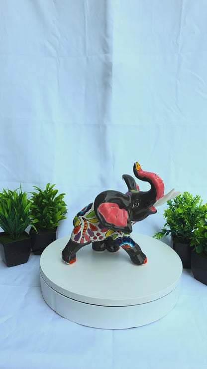 Hand-Painted Ceramic Elephant Figurine - Talavera Style Mexican Folk Art, 9" Trunk Up