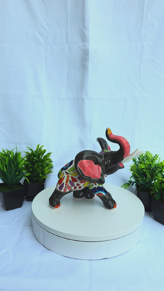 Hand-Painted Ceramic Elephant Figurine - Talavera Style Mexican Folk Art, 9" Trunk Up