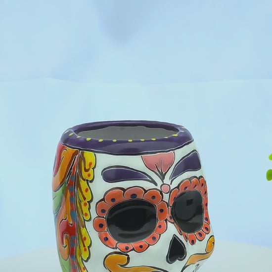 Hand-painted Mexican Talavera sugar skull ceramic planter pot measuring 6 inches tall