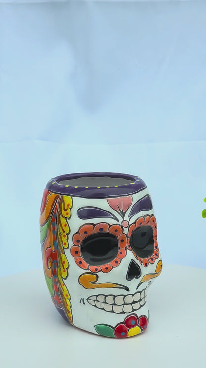 Hand-painted Mexican Talavera sugar skull ceramic planter pot measuring 6 inches tall