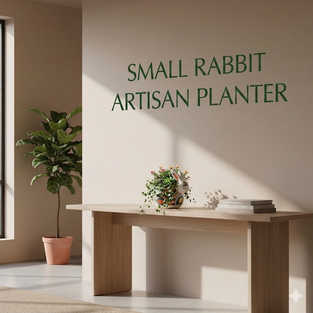 Room interior with a wooden table, plant, and books against a wall with 'Small Rabbit Artisan Planter' text.