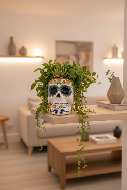 A hand holding a white ceramic sugar skull container decorated with colorful Day of the Dead patterns, set against a wrinkled white fabric background.