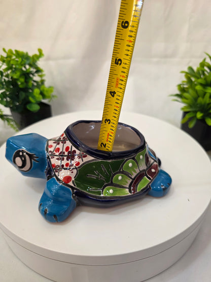 talavera style turtle planter blue with measuring tape