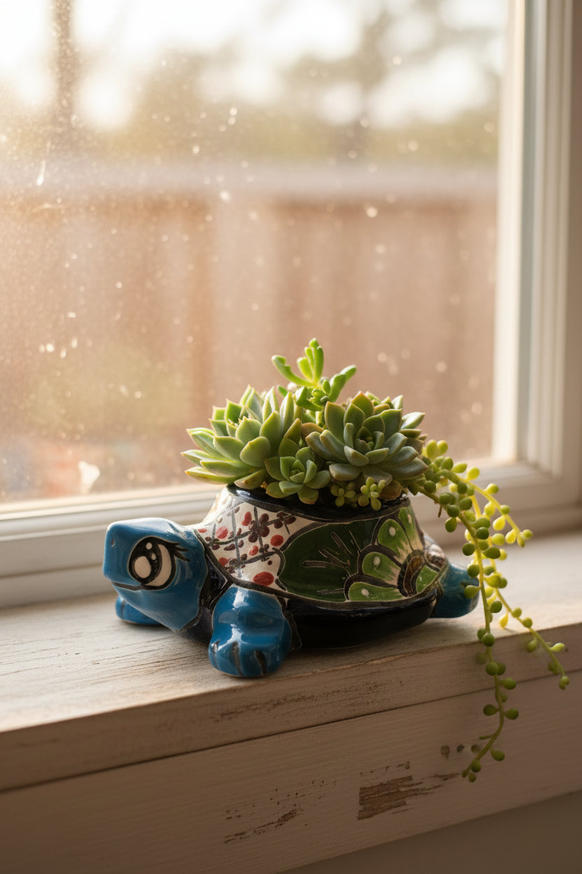 turtle planter on a windowsill
