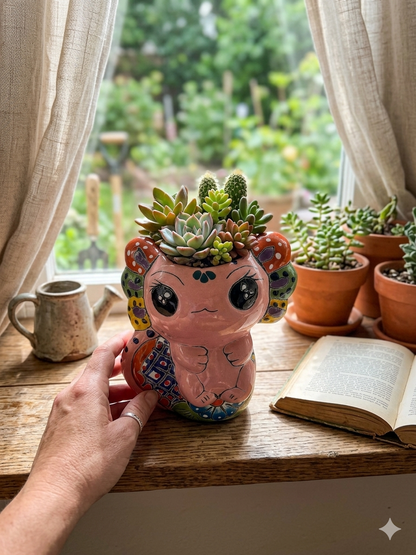 Handcrafted Ceramic Pink Axolotl Planter – Cute Talavera-Style Succulent Pot